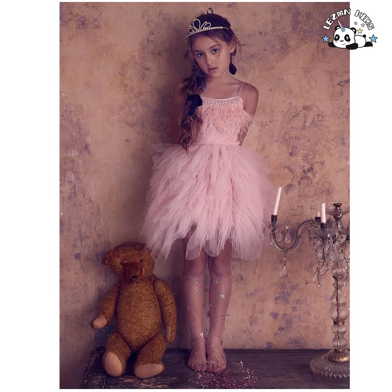 LEZONKIDS - OEM Girls Bead Goose Feather Pink Dress Kids Ballet Performance Party Dress Evening Party Princess Dress for Kids